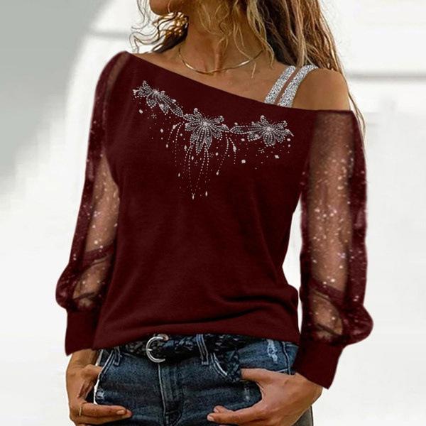 1116 Women's Fashion Clothing Casual Slant Neck Long Sleeve Top Women's Off-Shoulder Loose T-Shirt