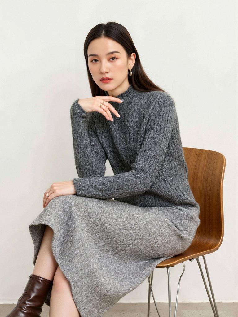 Women's Thick Cable Knit Cashmere Sweater - Half-High Neck Pullover for Autumn & Winter