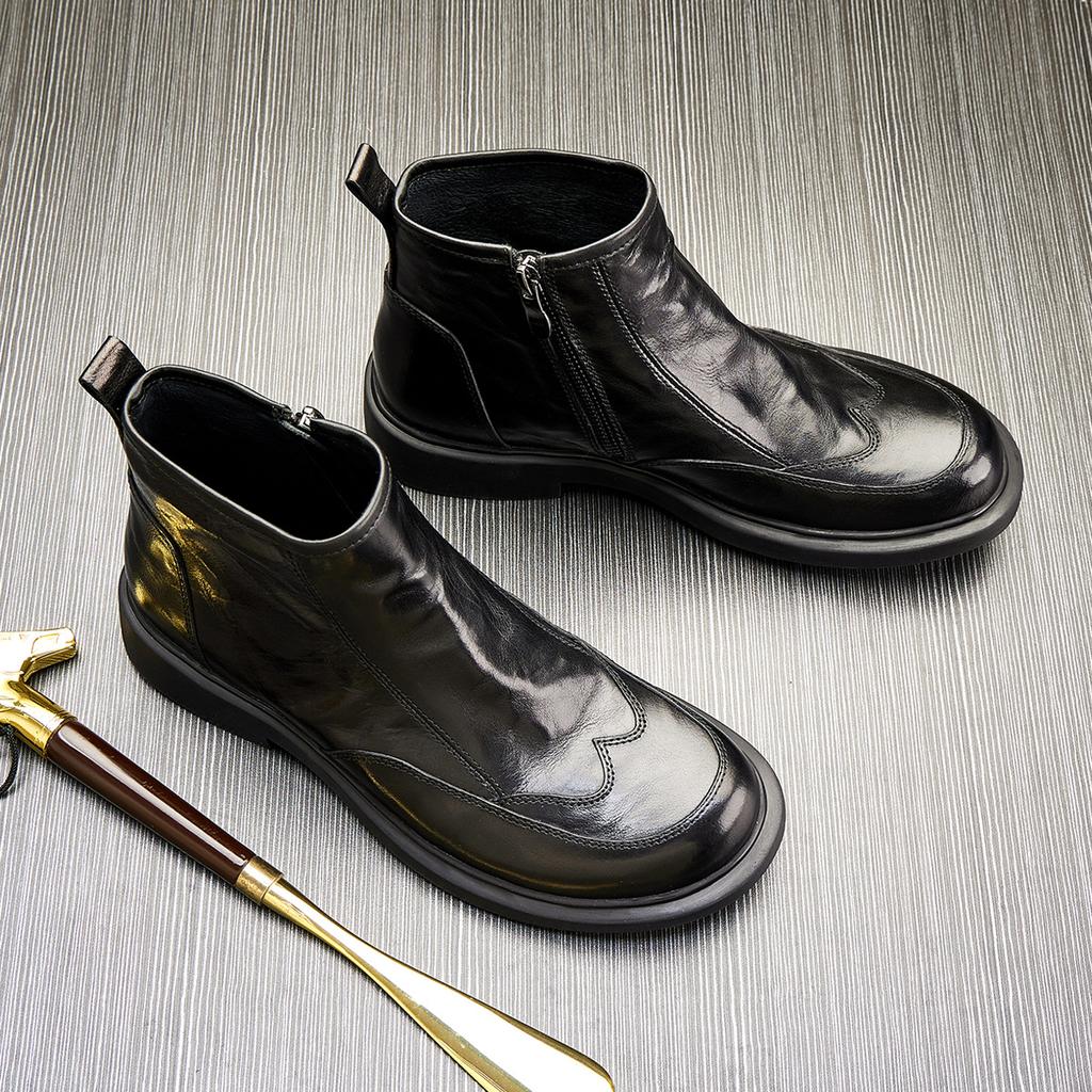 Men'S Martin Boots Spring And Autumn High Top Zipper Leather Tooling Boots Thick-Soled Round Head Tide Leather Boots Outdoor Boots Men