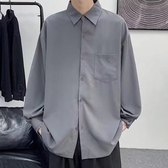Chemise homme printemps-automne col rabattu coupe ample style rétro japonais simple boutonnage