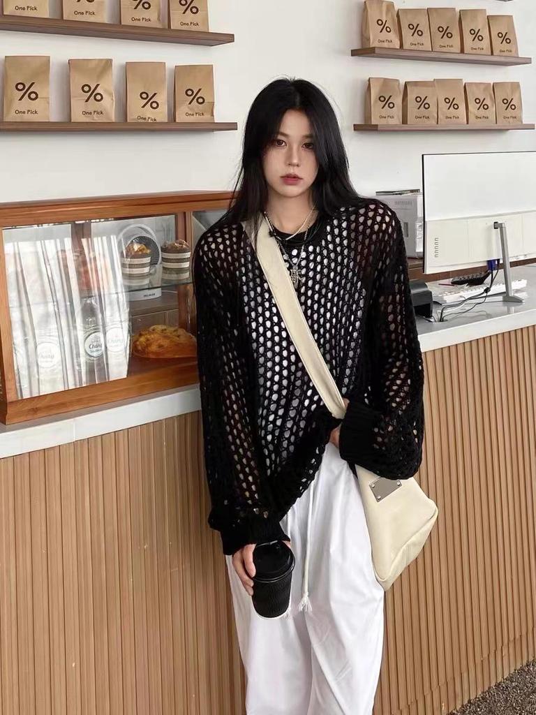 2025 Women's Korean Knit Hollow-Out Sun Protection Cardigan - Summer Thin, Loose Long-Sleeve Design