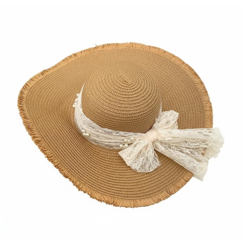 

Large Brim Straw Hat Lace Bow Summer Hat French Style Sun Hat Women хакі