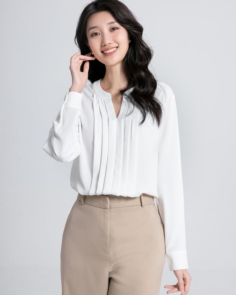 SPRING SEAON Long Sleeve Chiffon Blouse with Tucked Loose Plus Sizes Suitable for Size 3L Women's V-Neck Detail, Fit, Available, Suits, Office,