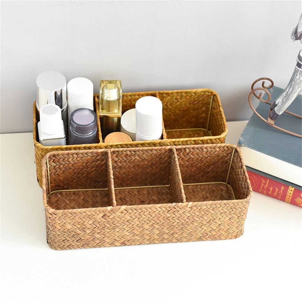 Storage Basket Sea Grass Stationery and Makeup Box Desktop Organizer Box with Compartments for Office and Home Use