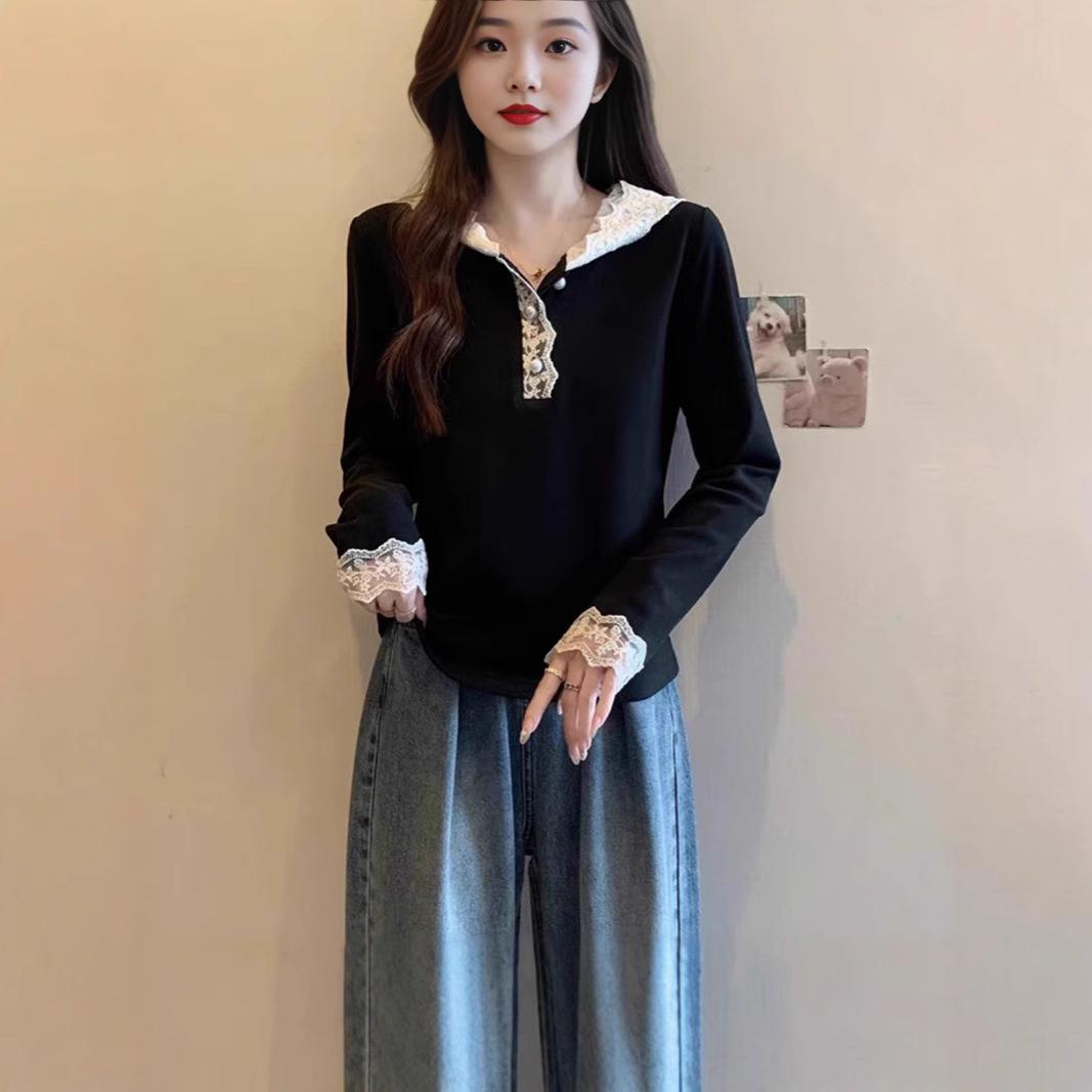 

Lace Patchwork Hooded Long Sleeve Fleece Lined T-shirt - 2025 Early Spring Design Large