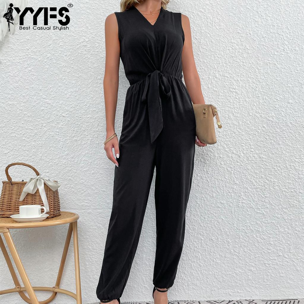 YYFS Damemote Uformelt Ensfarget trykk Sommer Vår Ermeløse V-hals Bukser Jumpsuits og bukser