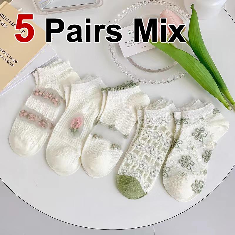 

5/10 пар женских коротких дышащих носков с цветочным узором, весна-лето, тонкие сетчатые дышащие модные повседневные носки с милым цветочным узором One Size