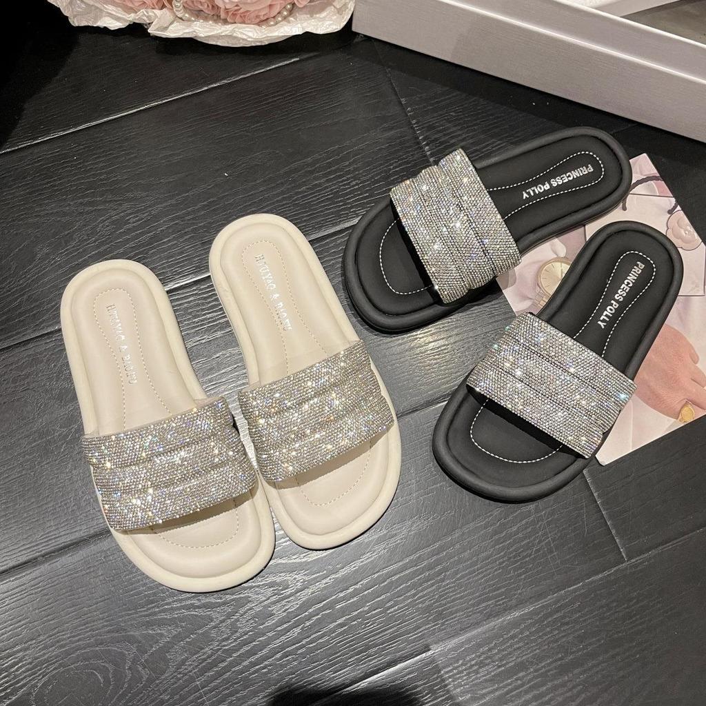 Fairy out on the beach one-word style new fashion flat-bottomed slippers female summer wear 2025 cool slippers rhinestones