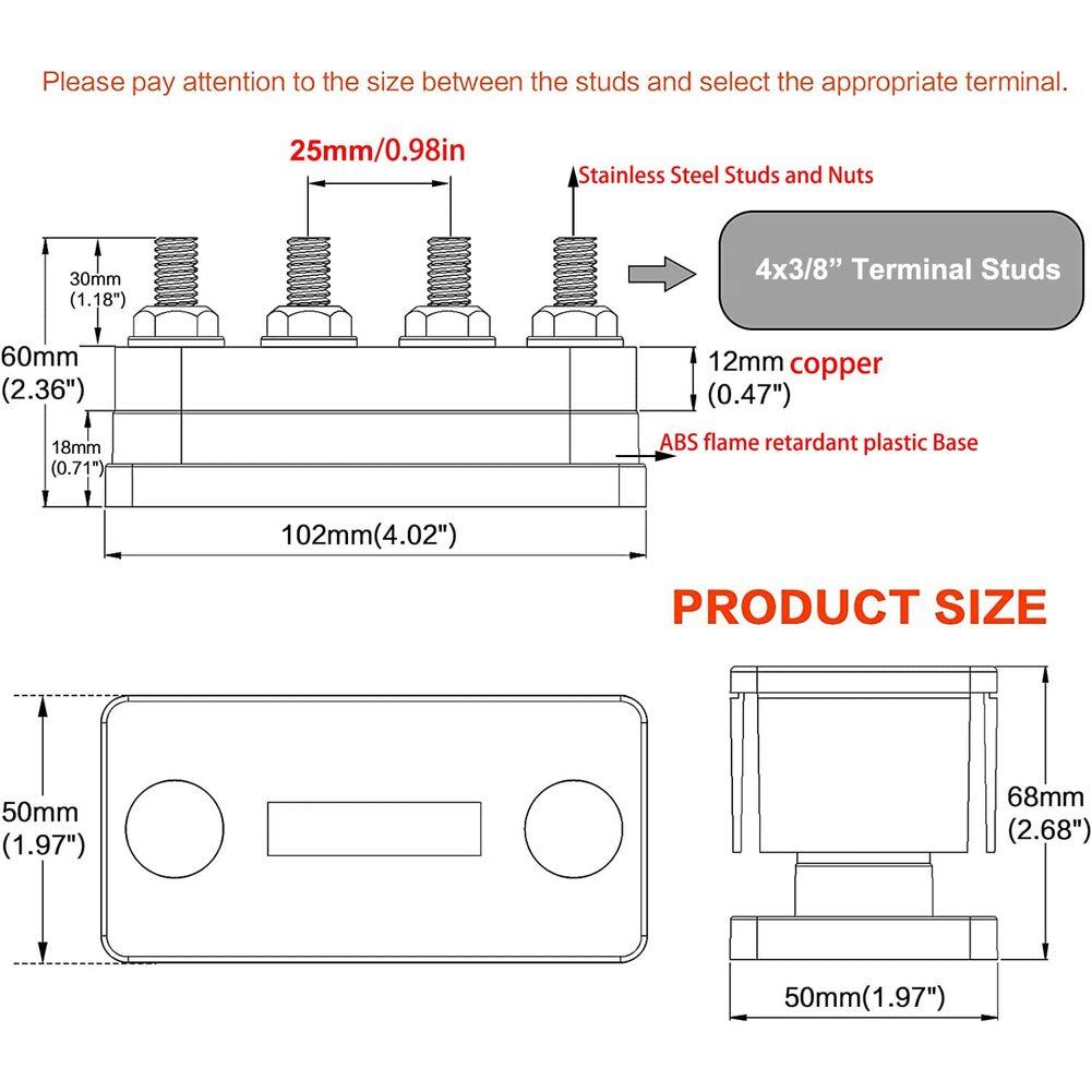 Battery Terminal Block Flexible Wiring Design 102*50*68mm 600A Distribution Block Compatible With 12-48V DC Systems