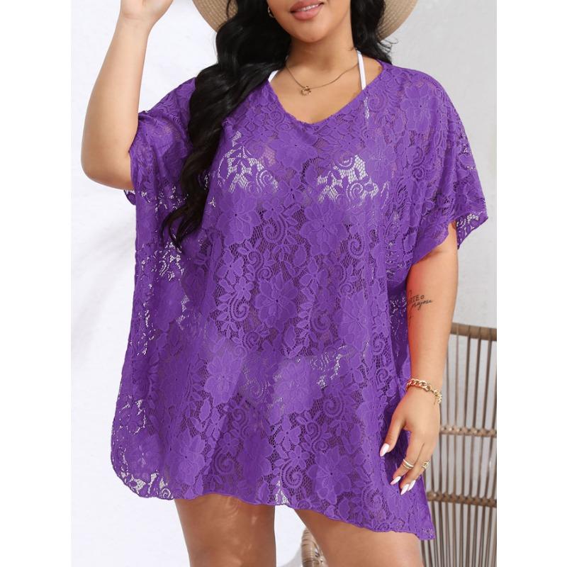 Plus Size Women's Floral Lace Beach Cover Up V Neck Batwing Sleeve Sheer Swimsuit Cover Up Dress
