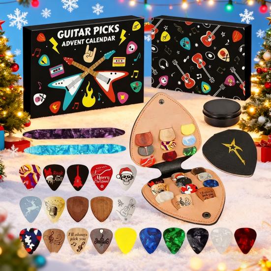Guitar Picks Advent Calendar 2025 24-Day Countdown with 20 Guitar Picks 2 Oud Picks Faux Leather Pick Holder Metal