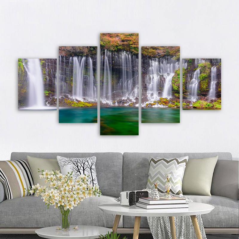 5 Panels Landscape Waterfall Posters and Prints Canvas Painting Wall Art Pictures Living Room Home Decor Lake Tree No Frame