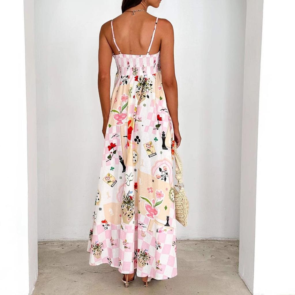 Summer Women's Elegant Printed Elastic Back Dress Vacation Styles French Floral Halters Long Dresses