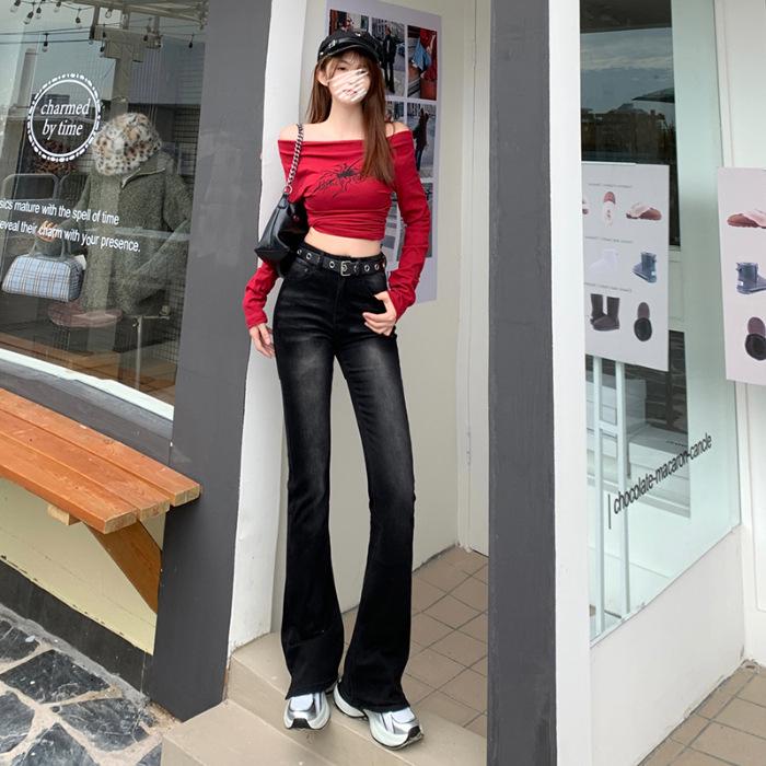 

Merade High-Waisted Flared Split Jeans for Women – Soft, Comfortable Fabric with Leather Patch, Retro American Design. L