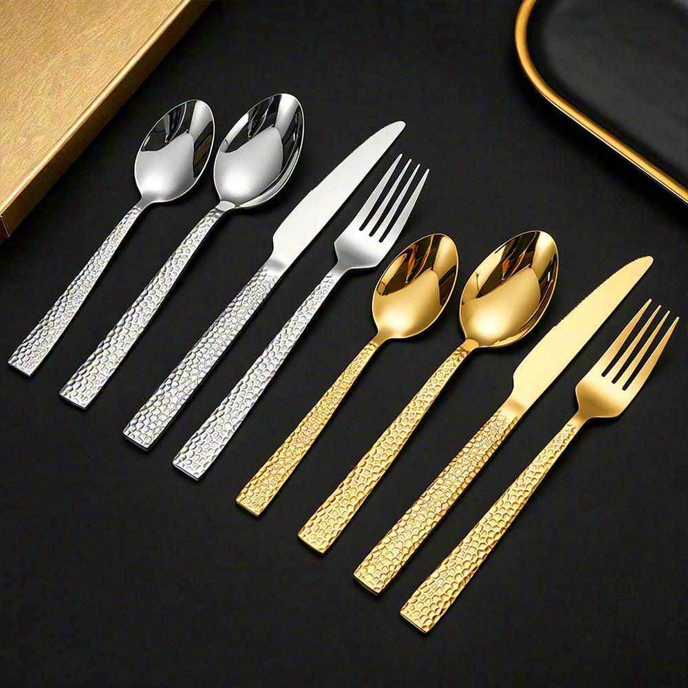 5-Piece Gold-Plated Hammered Stainless Steel Flatware Set - Includes Steak Fork, Knife, Spoon, and Square Handle Utensils.