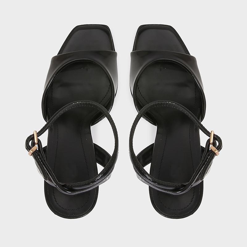 Fashion Black Patent Leather Ankle Strap Buckle Heeled Sandals Women Sexy Square Open Toe High Heels Summer Elegant Party Office Shoes
