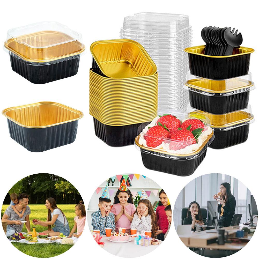 25Pcs 150ml Square Mini Cake Pans with Lids & Spoons Disposable Cupcake Cups Mini Bread Containers for Wedding Birthday Party