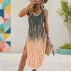 Women Plus Size U Neck Sleeveless Abstract Print High Side Slit Curved Hem Dress