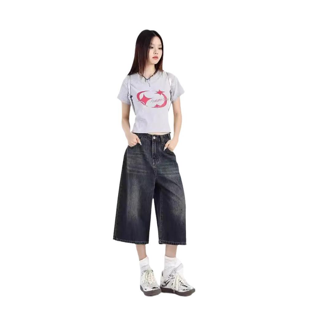 American loose wide-leg summer new retro old and thin seven-point jeans women's straight casual pants