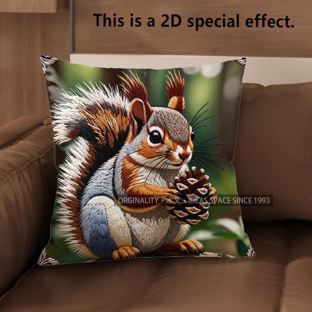 2D Cute Squirrels Holding Nuts Pillow Covers Pattern Cushion Cover Suitable For Sofa Bedroom Car Pillow Cover