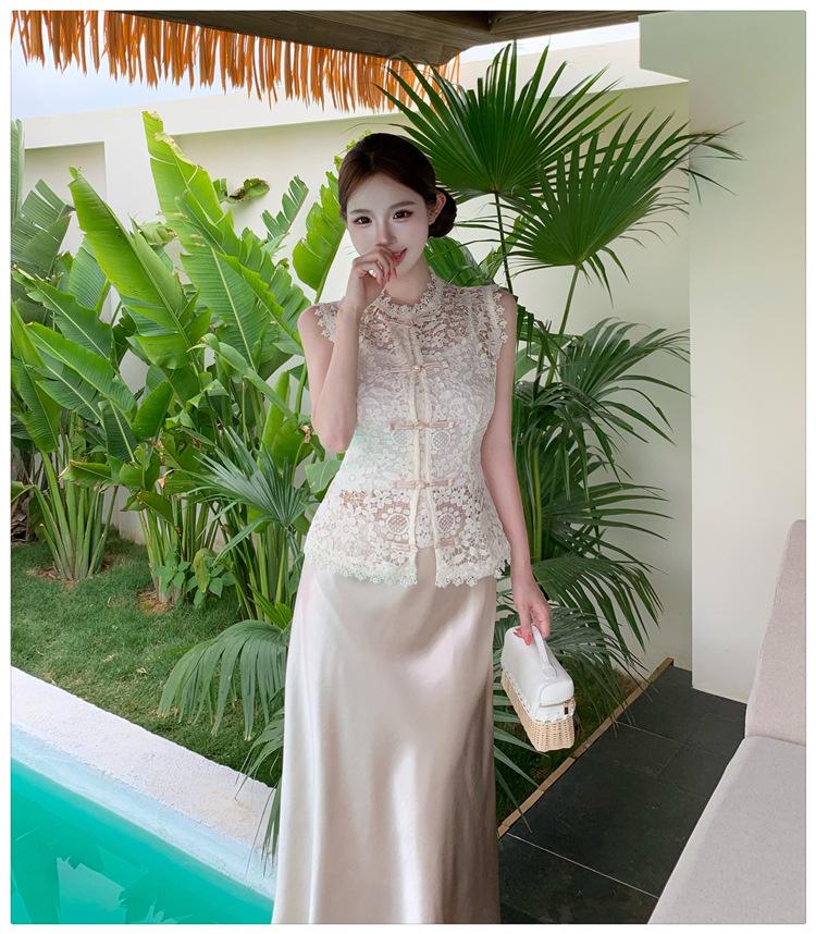 Summer 2026 Elegant Three-Piece Set: Lace Embroidered Top with Straps, High-End Satin Mermaid Skirt.