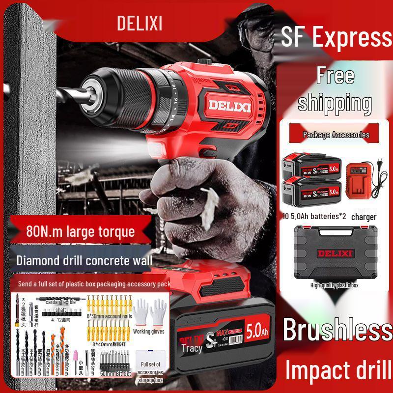 Delixi Brushless Lithium Electric Hand Drill - Pistol Grip for Household Wall Drilling and Impact Holes