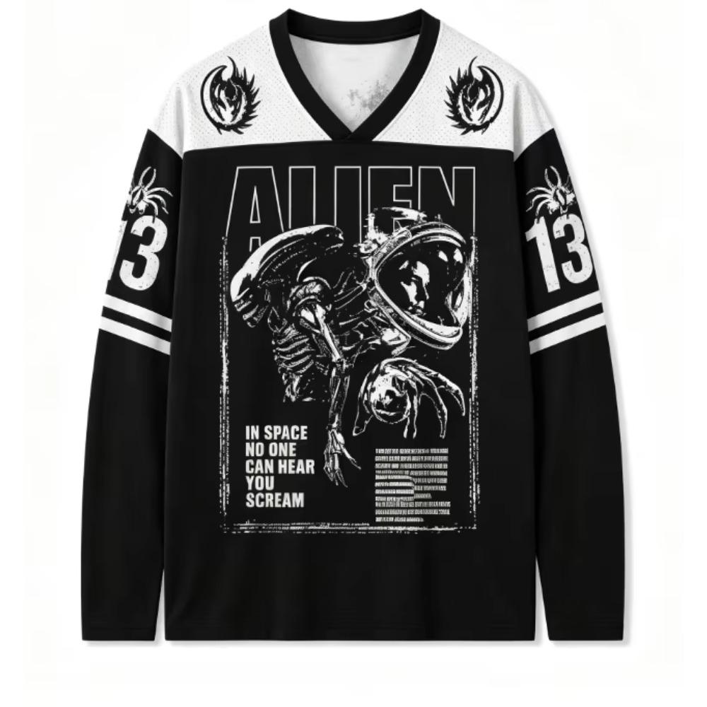 Alien Movie Graphic Hockey Jersey Long Sleeve Shirt, Retro Sci‑Fi Xenomorph Print Unisex Streetwear Top