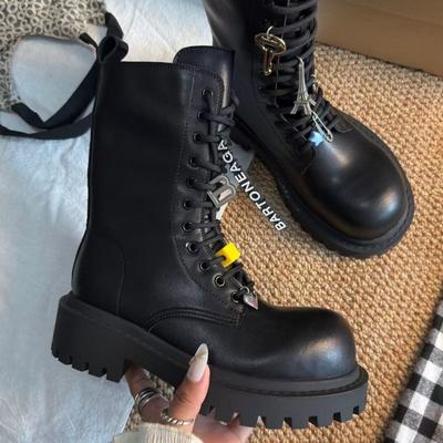 Thick-soled Heightening Lace-up Martin Boots for Women's Autumn and Winter New Versatile Pendant Medium Boots Retro Black Leather Boots