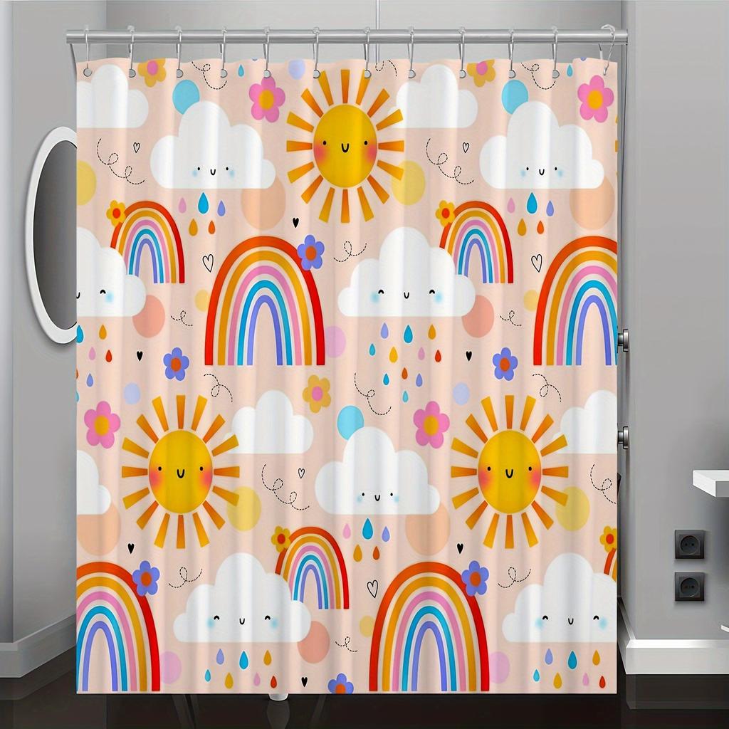 Sun Cloud Rainbow Cartoon Digital Print Shower Curtain - Machine Washable, Non-Woven Polyester,All-Season Bathroom/Home Decor