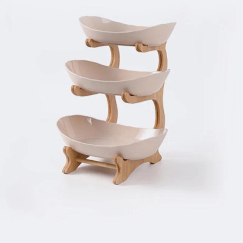 2/3 Layer Kitchen Fruit Bowl with Floors Fruit Tray Partitioned Candy Cake Snack Trays Multifunctional Wooden Tableware Dishes