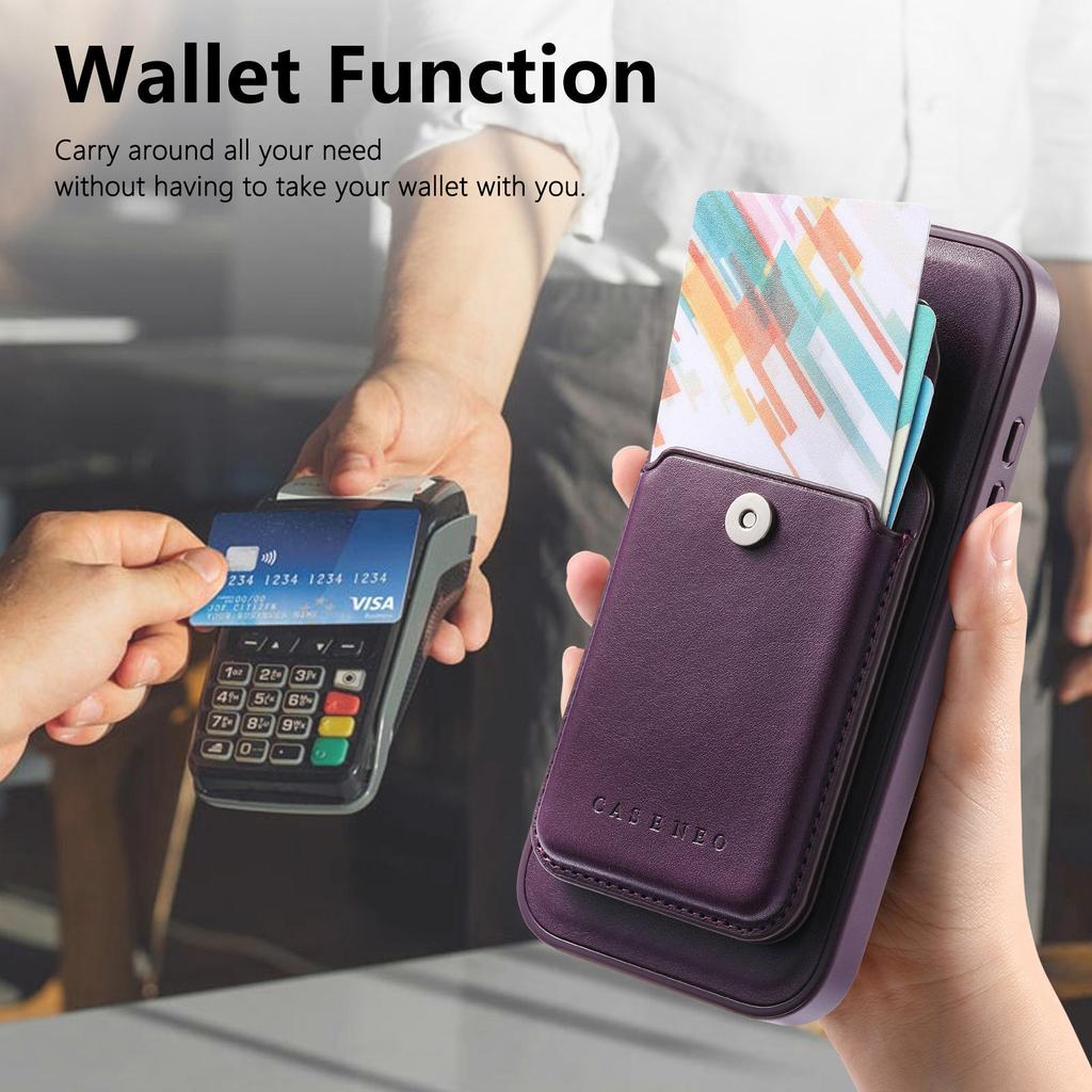 CASENEO For iPhone 17 Pro Magnetic Case PU Leather PC Phone Cover with Detachable Card Holder Kickstand Compatible with MagSafe