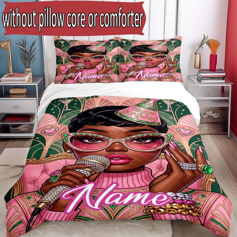 3pcs Duvet Cover Set (1*Duvet Cover + 2*Pillowcase, Without Core), Custom Name Alpha Kappa Alpha Pattern Bedding Set, Home Bedroom Decor Gift