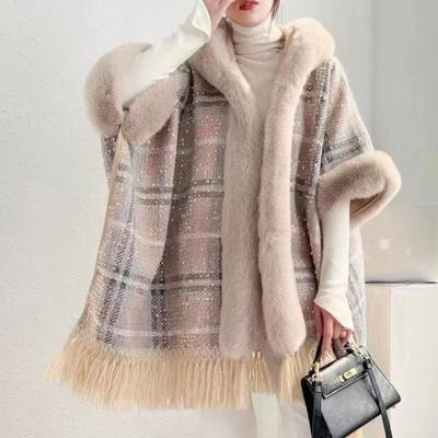 Cloak Shawl Jacket Winter Thickened Sequins Tassel Hooded Fur Collar Wool Jacket 1192 #