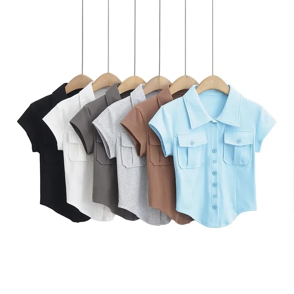 Double Pocket POLO Collar Short Sleeved Women'S New Curved Hem Irregular Top Single Breasted T-Shirt