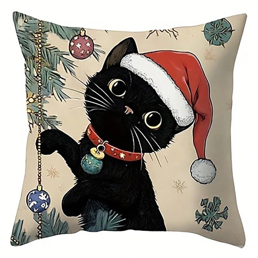 1Pc Charming Christmas Black Cat Pillowcases: Festive Decor For Your Home Sofa Room Cushion Cover Home Decoration New Year Gift