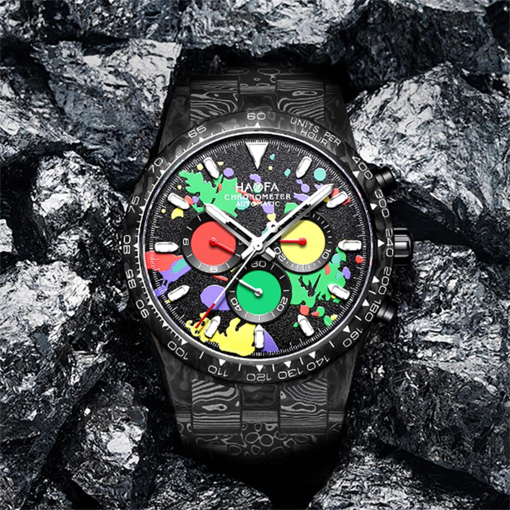 Haofa Chronograph Watch Mechanical Automatic Winding All Carbon Fiber Case Band Hollow Dial Stylish Luxury Sapphire Glass Popular Waterproof Rubber
