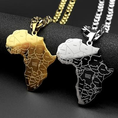 Mapamundi del Continente Africano con Nombres de Países Colgantes Collares para Mujeres Hombres Acero Inoxidable Color Dorado Cadena de África Joyería Regalo