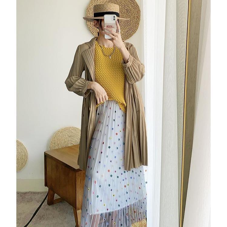 Women Pleated Trench Coat Long Loose Double Breasted Spring Autumn Fashion Versatile Pure Color Outerwear