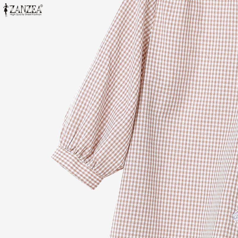 ZANZEA Women 3/4 Sleeve Blouse and Pants Plaid Print Two Piece Suit Sets