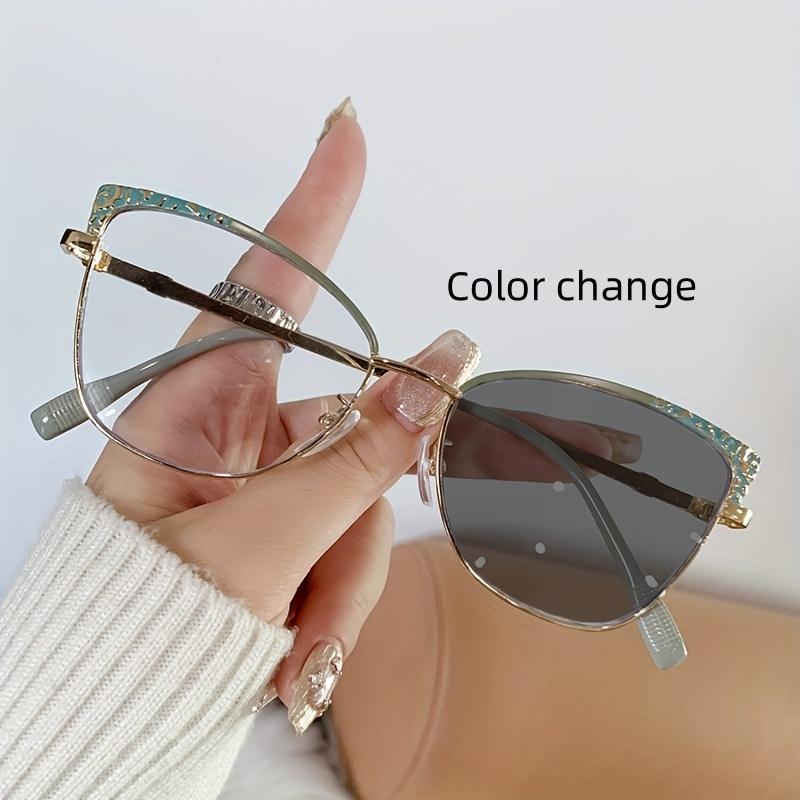 1Pcs Fashionable New Cat Eye Frame Women'S Trendy Metal European And American Flat Mirror Color Changing Anti Blue Light Glasses