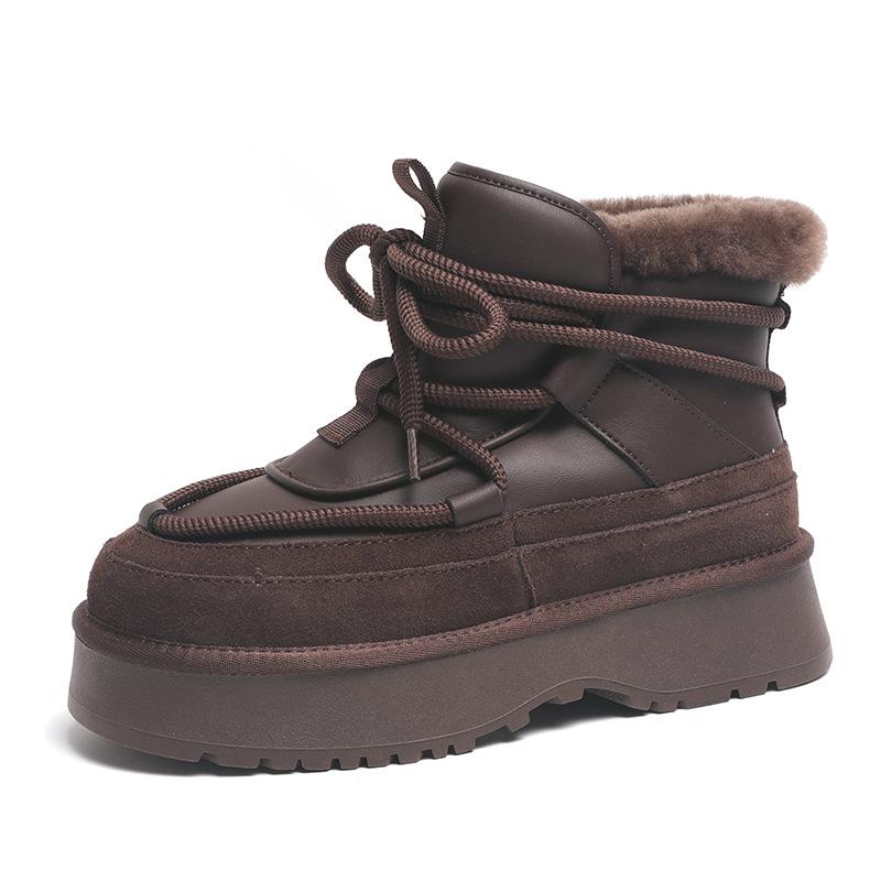 Cowhide snow boots women's new winter leather warm medium tube short diagonal women's cotton shoes boots