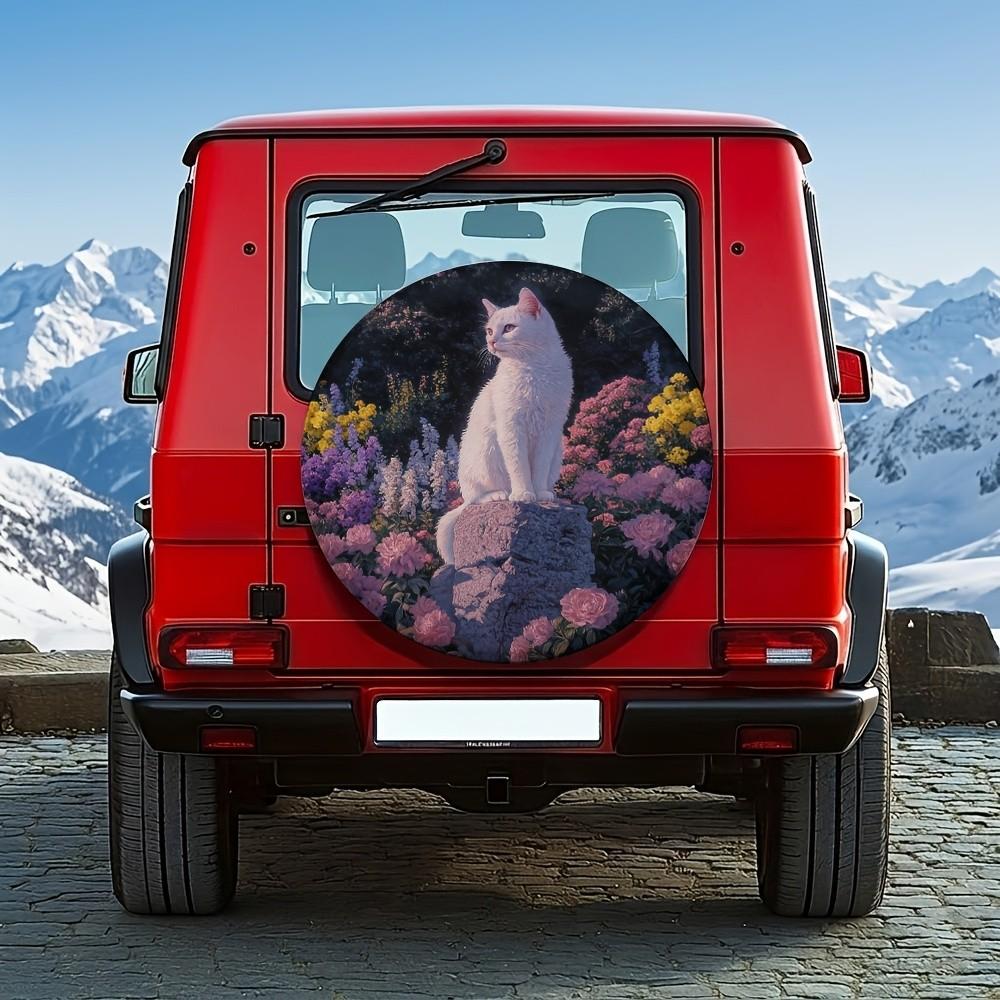 White Cat In Flowers Spare Tire Cover Durable Polyester For SUV Truck
