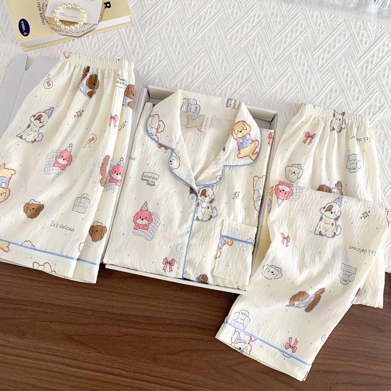 Summer Women's Three-Piece Pajama Set: Cardigan, Short Sleeve Top, Shorts, and Long Pants - Lightweight and Cute for Home or Outdoor Wear