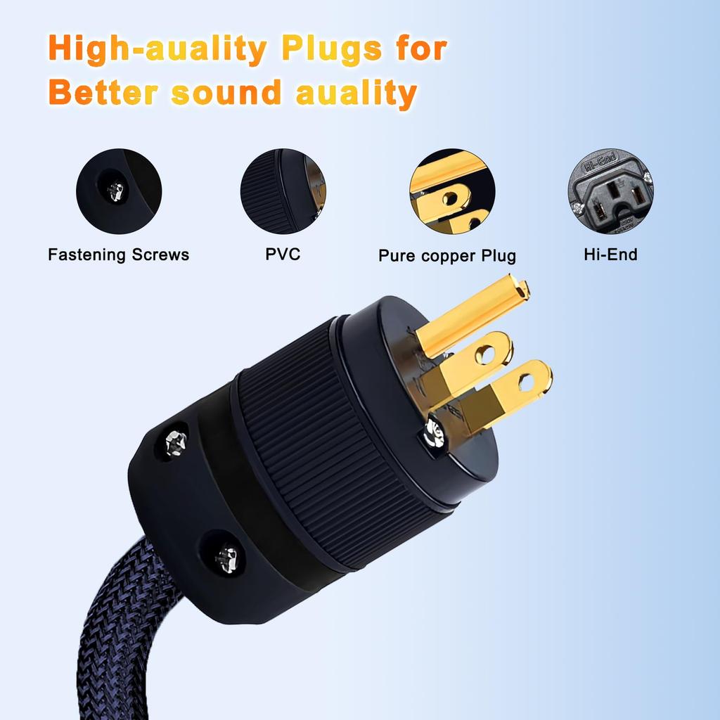 HiFi Power Braided Sleeved Amplifier Power Copper Shielded and Layered OD Audiophile High End AC Power Cable with 24K Gold Plated US Cable, Cord,