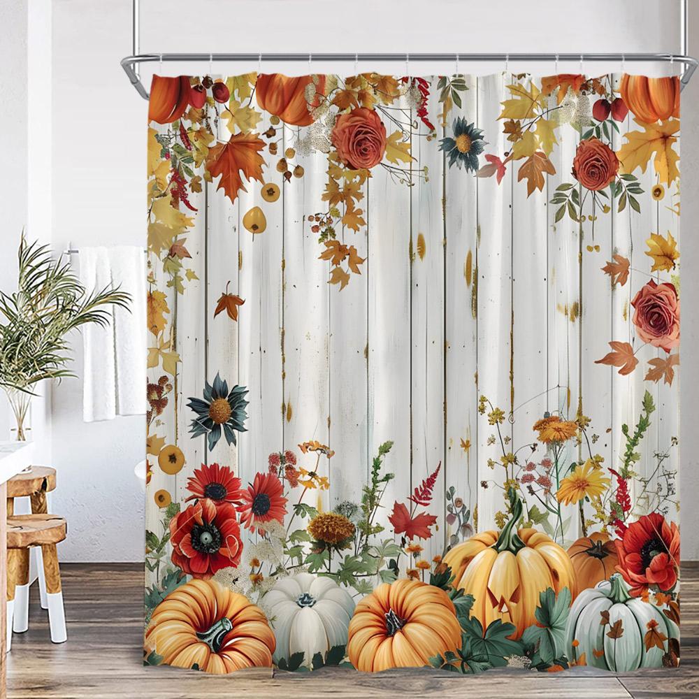 Autumn Pumpkin Shower Curtain Harvest Season Maple Leaf Scarecrow Flower Wooden Plank Barn Farmhouse Bath Decoration With Hook