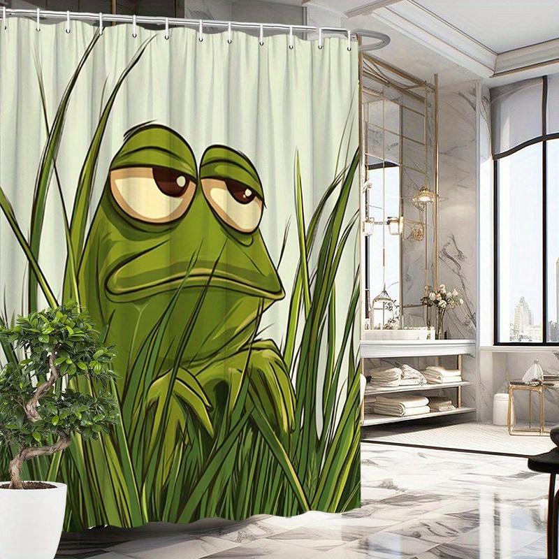 

1Pc Playful Green Frog Shower Curtain With Half-Closed Eyes & Tall Grass Design - Fun Bathroom Decor, Polyester, Includes W60H190(CM)-1 Pcs