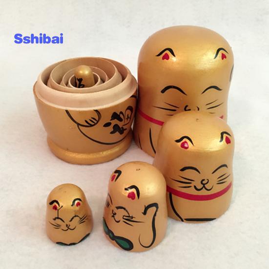 Poupées gigognes 5 pièces/ensemble, décoration de maison peinte à la main, chat porte-bonheur en bois Matryoshka, cadeau pour magasin