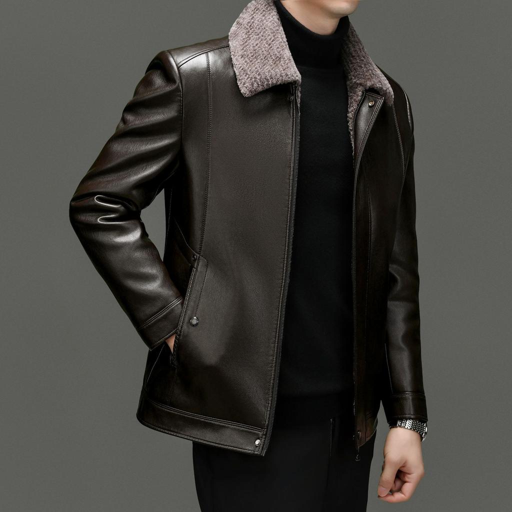 Leather and Fur Integrated Leather Jacket for Men Sheepskin Genuine Leather for Middle-aged and Elderly Men Plush and Thickened Winter Warm Dad's Coat