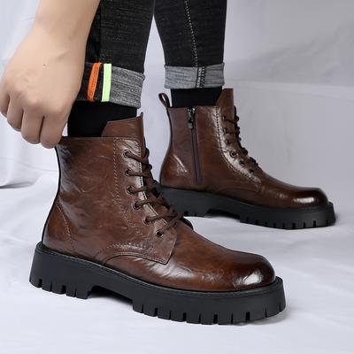 Nuevas Botas Casuales para Hombre de Exterior de Piel de Vaca Marrón Cuero Genuino Punta Redonda Estilo Británico Plataforma Suela Gruesa Antideslizante Calzado Resistente al Desgaste