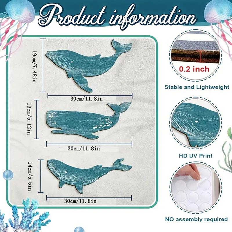 3 Piece Ocean Hanging Decor For Living Room Bedroom Bathroom Blue Whale Beach Wall Decor Wooden Nautical Decor